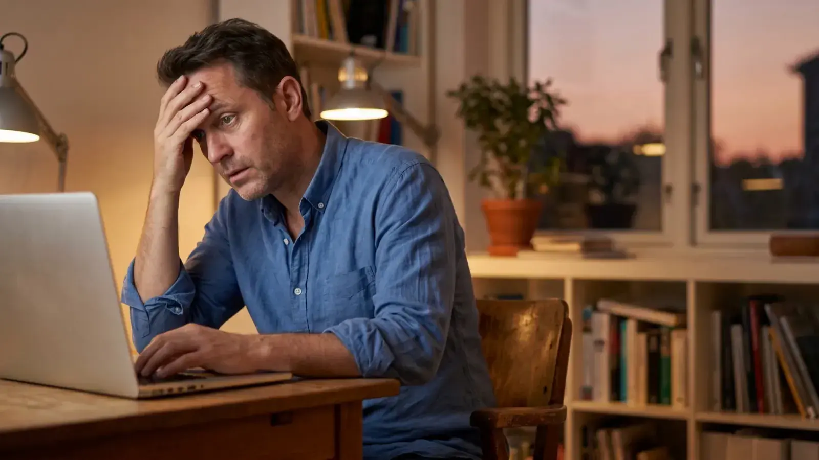 A stressed small business owner at his desk, staring at his laptop