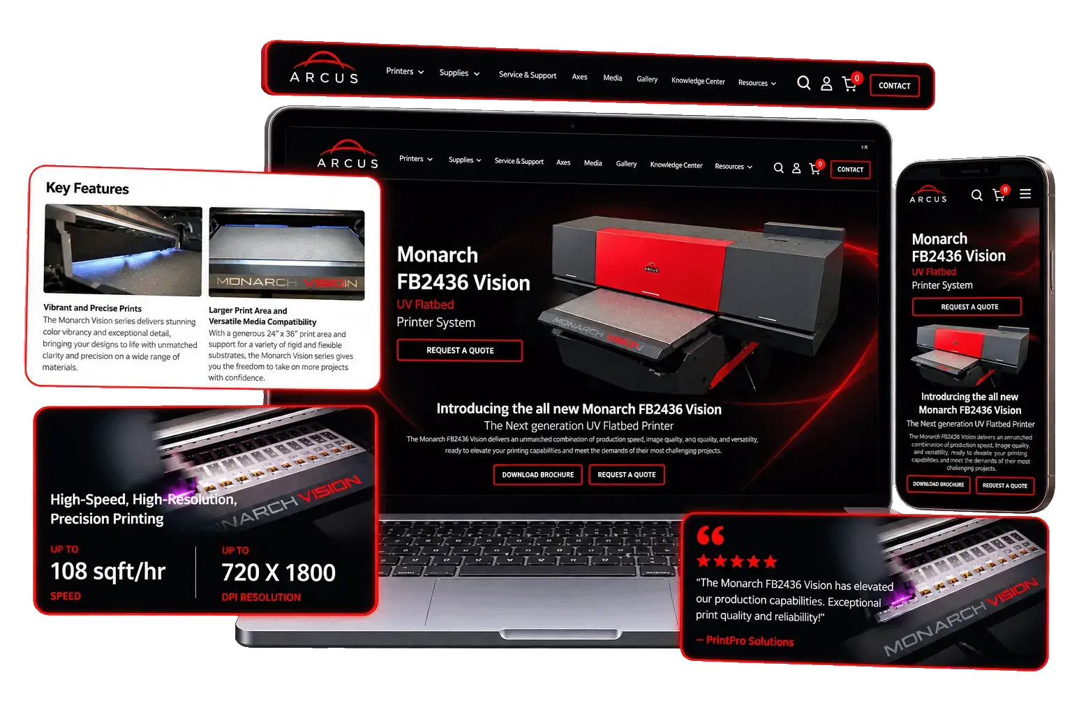 Arcus Printers website on a laptop and phone, designed and built by Pulse Marketing