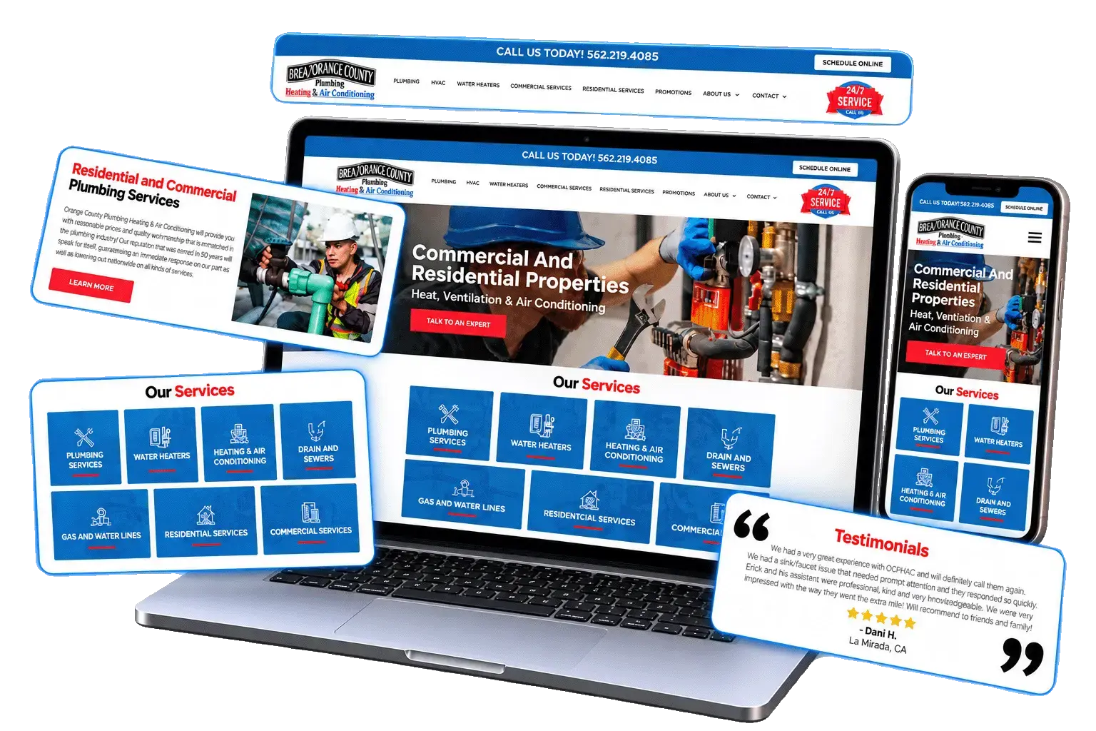 Orange County Plumbing, Heating & Air Conditioning website on a laptop and phone, designed and built by Pulse Marketing