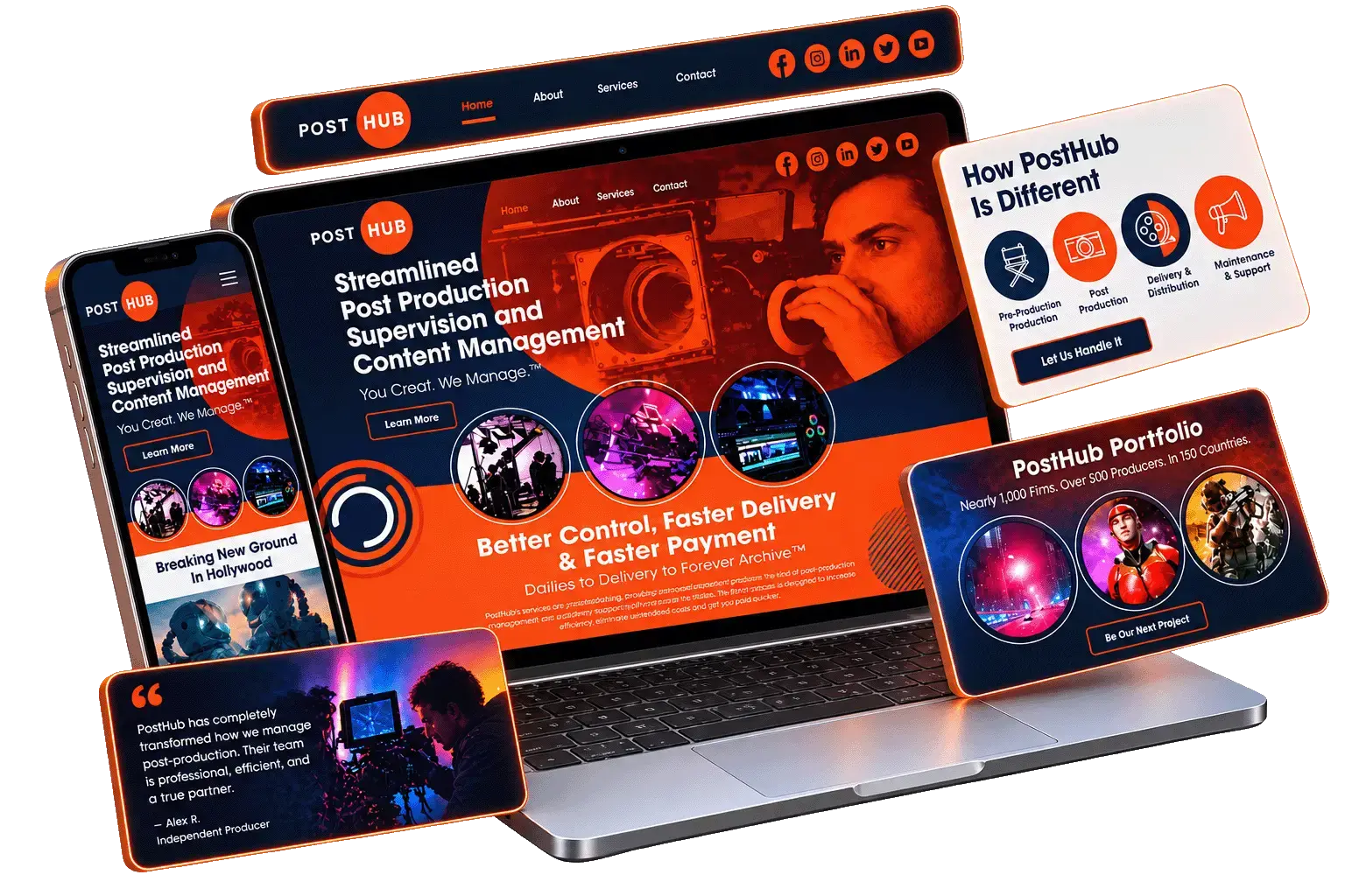PostHub website on a laptop and phone, designed and built by Pulse Marketing