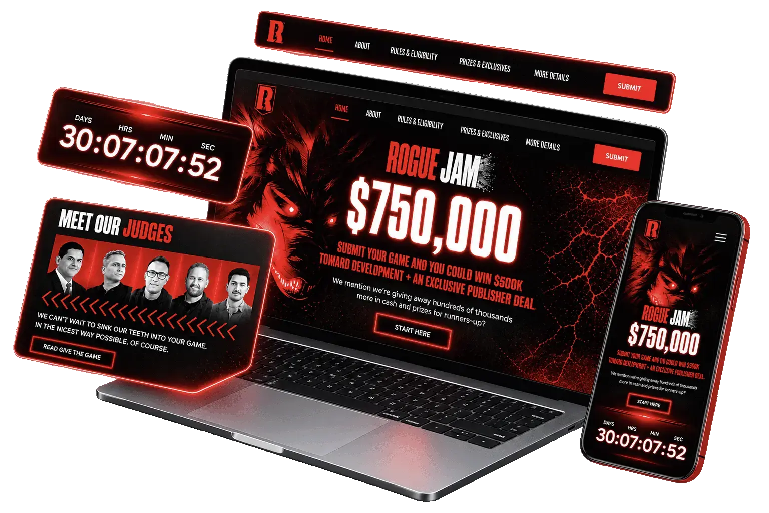 Rogue Jam website on a laptop and phone, designed and built by Pulse Marketing