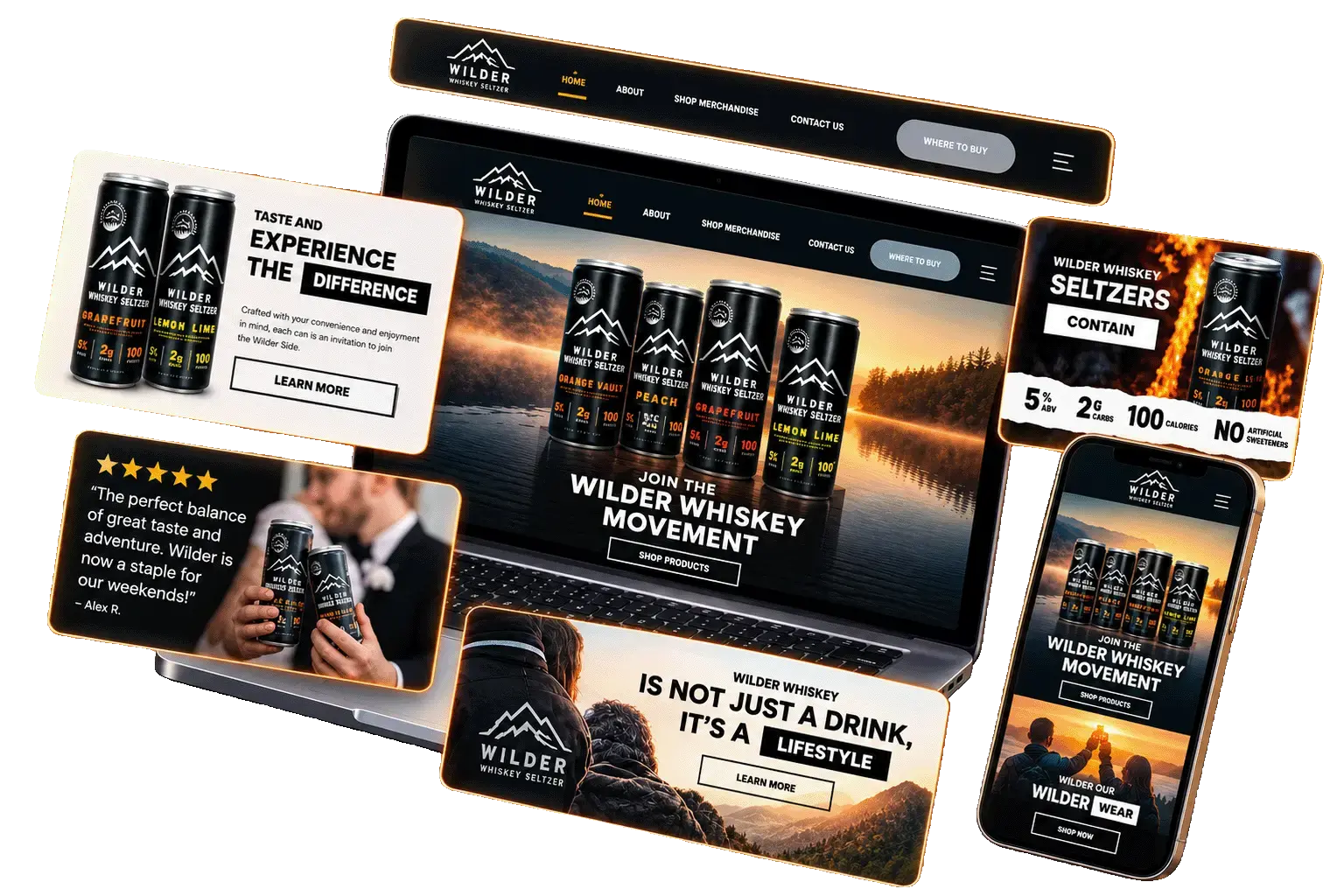 Wilder Whiskey website on a laptop and phone, designed and built by Pulse Marketing
